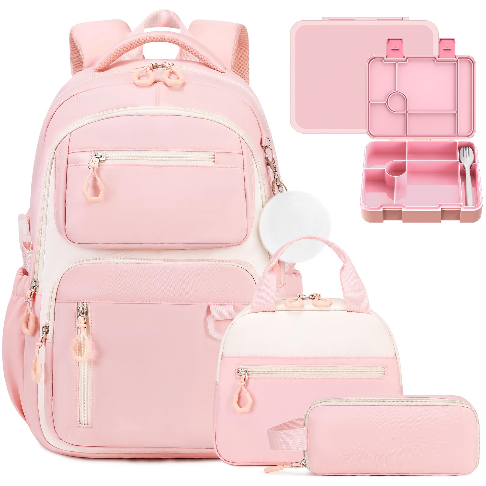 Photo 1 of Bevalsa School Backpack for Girls, Bookpack with Bento Lunch Box, Insulated Bag & Utensils, 43oz Lunch Containers with 6 Compartment Schoolbag Set for Kids Elementary Middle Student (Pink)
