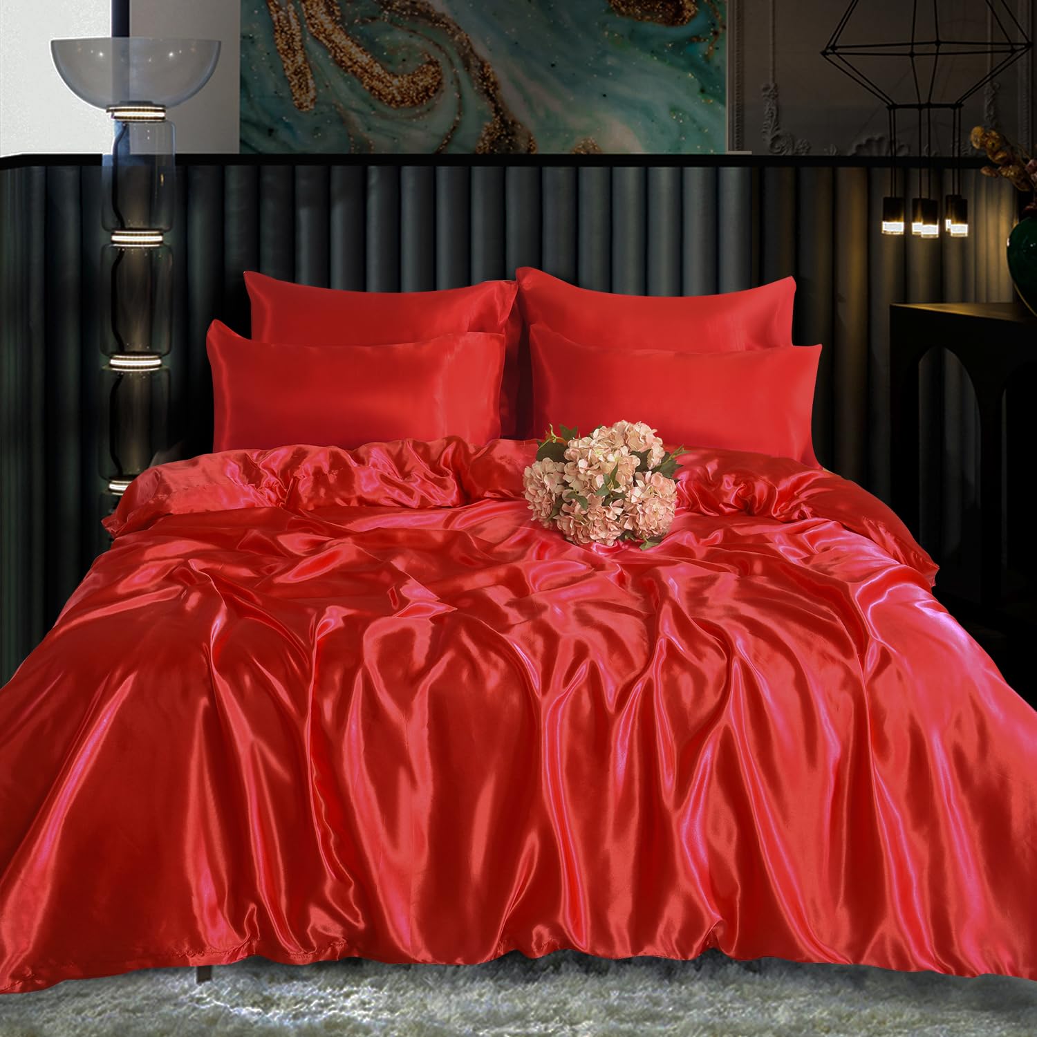 ROOEE Satin Silk Complete Bedding Set - 4 PCS - Fitted sheet, Duvet Cover, 2 Pillow Cases. Color - Red Size - Single