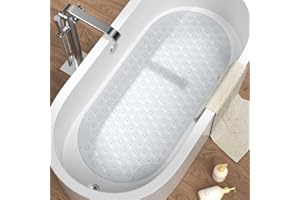 HITSLAM Bathtub and Shower Mat Non Slip, Oval 35 x 16 Inch Long Bath Mat for Bathroom, Quick Dry Bathtub mat with Drain Holes and Suction Cups, Machine Washable Shower Floor mat, Clear