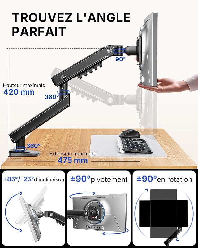Bras Écran PC 13-32'', Support Moniteur Robuste sans Affaissement