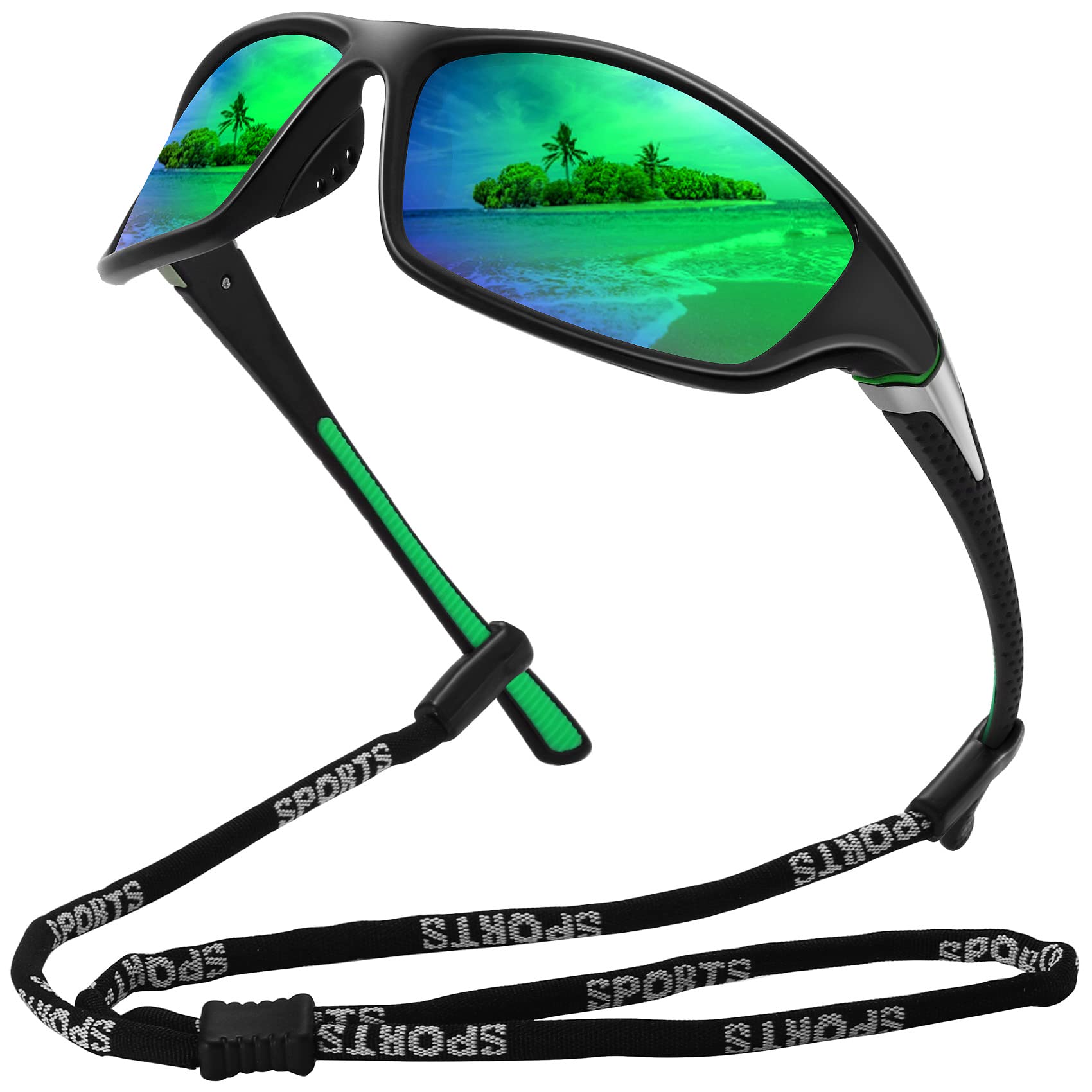 MEETSUN Polarized Sports Sunglasses for Men Women Driving Cycling Fishing Sun Glasses UV400 Protection Black Frame-Green Mirror Lens