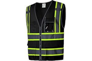 SKSAFETY 10 Pockets Safety Vest, Class 2 High Visibility Security with Zipper Back Mesh, Hi Vis Vest with Reflective Strips, ANSI/ISEA Standard, Construction Work Vest for Men ＆ Women （Black, L）