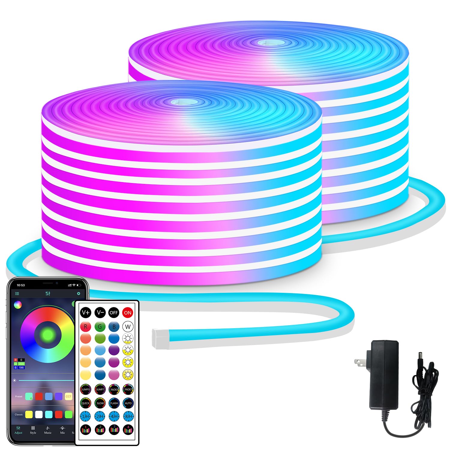 Photo 1 of segrass 100ft LED neon Lights with Remote APP Control IP65 Waterproof Flexible Neon LED Strip Lights 24v RGB LED neon Rope Lights for Bedroom Room Outdoors Decor?2 Rolls of 50ft