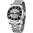 A ALPS Mens Watch Skeleton Luxury Mechanical Stainless Steel Waterproof Black Automatic Self-Winding Roman Numerals Diamond Dial Wrist Watch