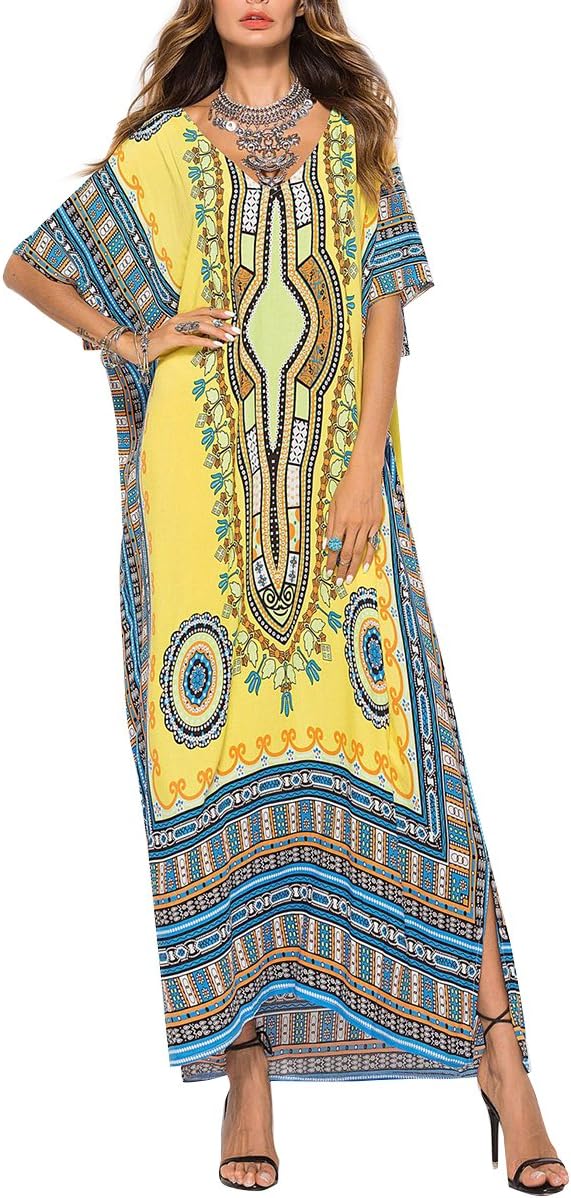 Rbwinner Women's Soft African Print Beach Cover Up Ethnic Dashiki Print Kaftan Bathing Suit Maxi Dress