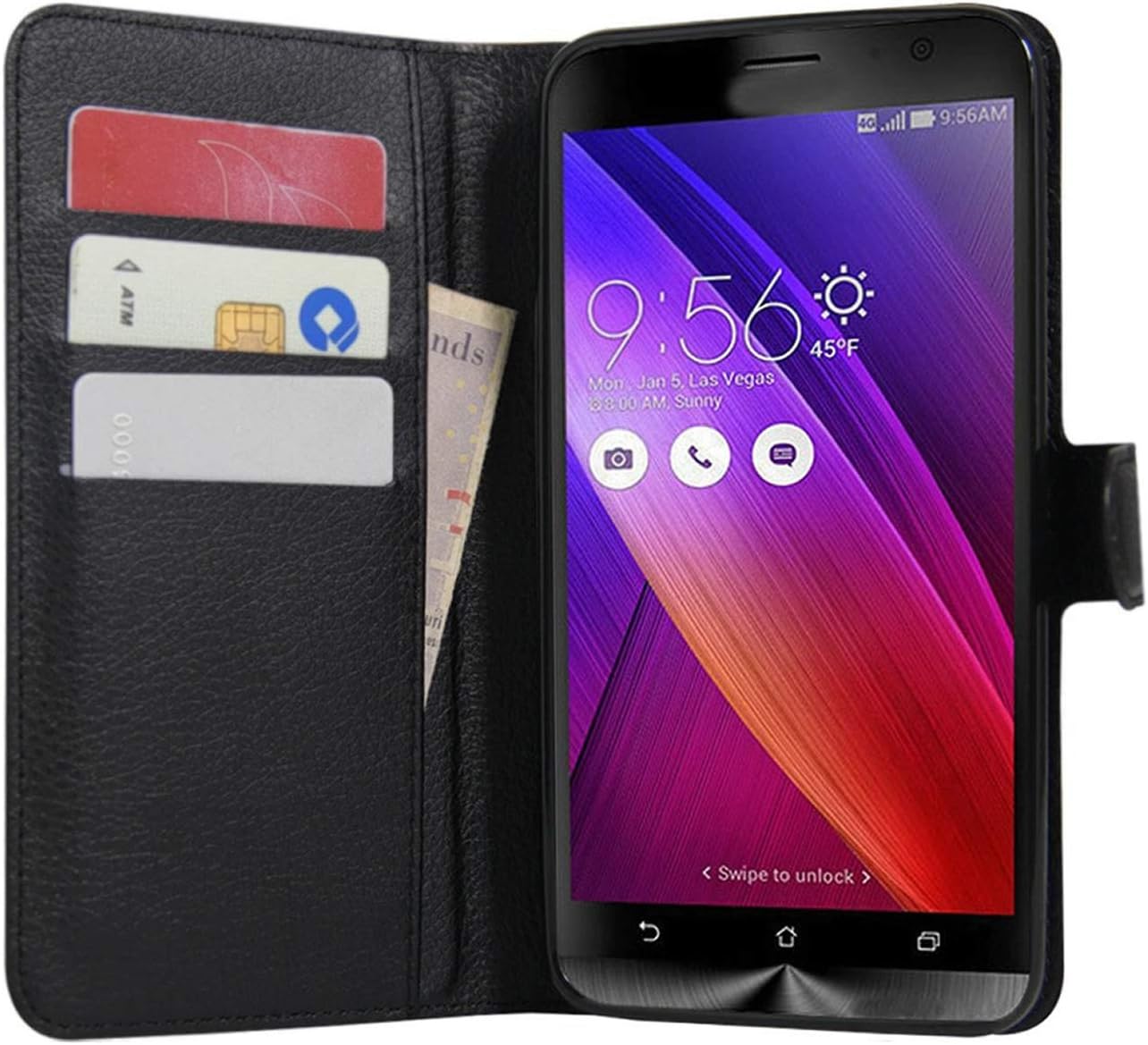 HualuBro ZenFone 2 ZE551ML Case, Premium PU Leather Wallet Flip Phone Protective Case Cover with ID Credit Card Slots Holder for Asus ZenFone 2 ZE551ML / ZE550ML 5.5 Inch Smartphone (Black)