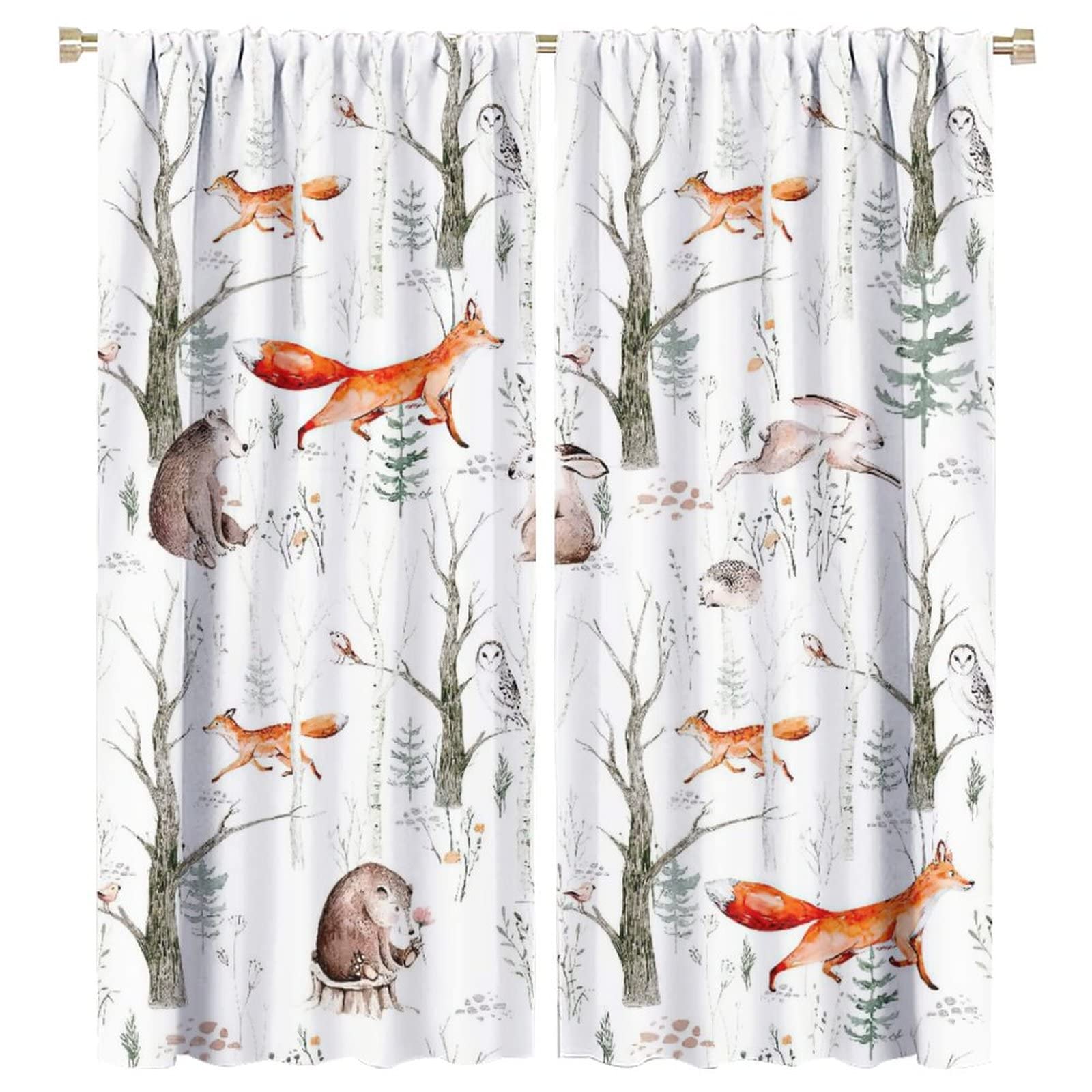 SHElifestyle Rustic Forest Window Curtains, Watercolor Woodland Animals Owl Hedgehog Fox Butterfly Forest Squirrel and Bear Blackout Windows Door Curtain for Bedroom Living Room Home Decor 42x54in