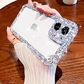 Cavdycidy Designer Compatible with iPhone 12 Bling Clear Case for Women,Cute Glitter Phone Case with Sparkle Rhinestone Diamond Camera Protection，Airbag Anti-Fall Crystal Hard Cover for Girl