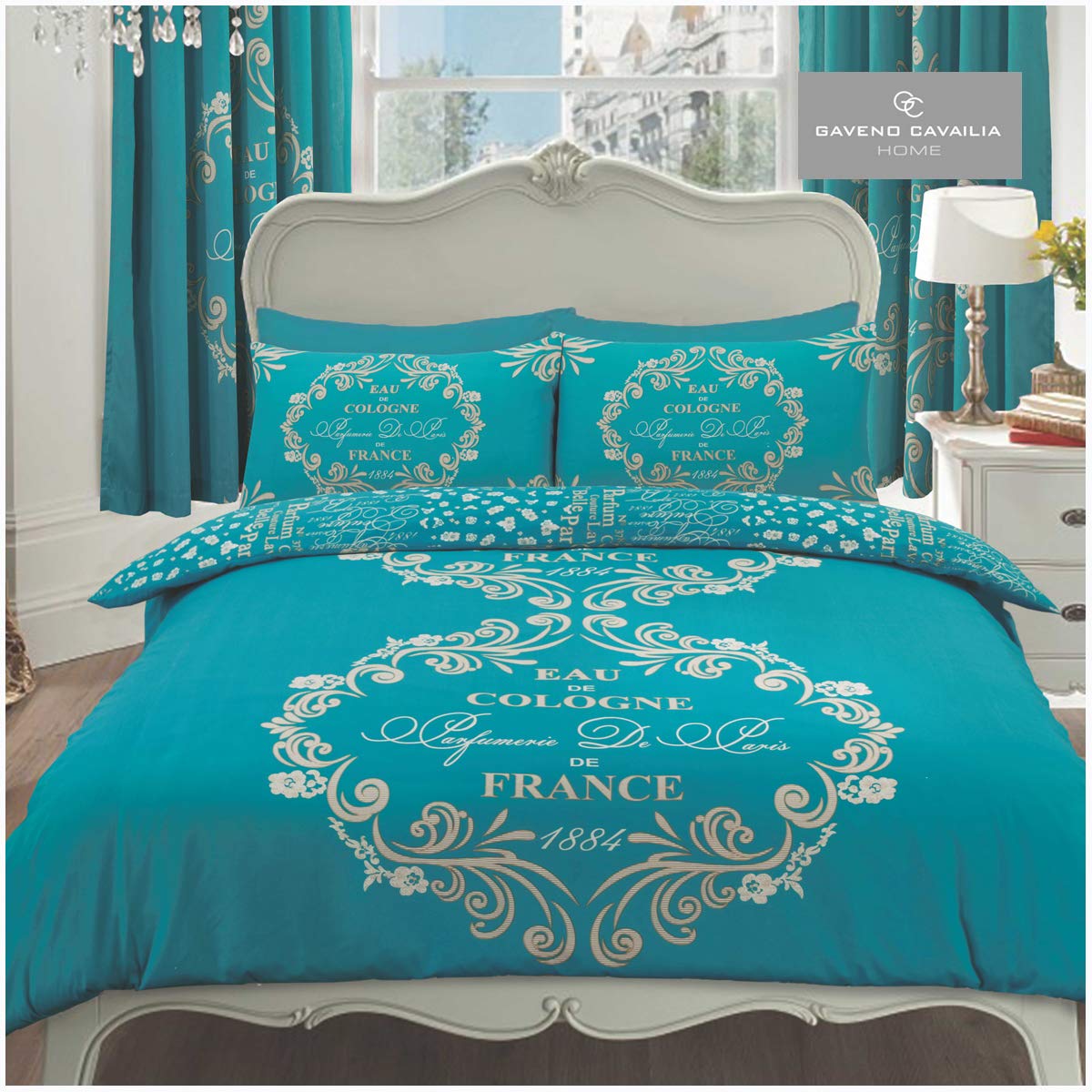 GC GAVENO CAVAILIA Script Duvet Cover, Reversible Soft Quilt Bedding Set, Luxury QualityBedroom Accessory, Teal, Super-King, Polycotton