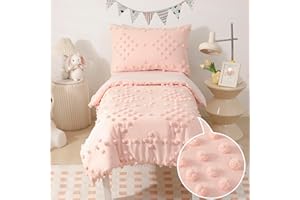 VIVILINEN Toddler Bedding Set for Girls 4-Piece Pink Jacquard Pom Pom Tufts Bohemian Boho Tufted Dots Crib Toddler Comforter Set for Baby Kids Bed-in-a-Bag with Comforter, Flat Sheet, Fitted Sheet, Pillowcase