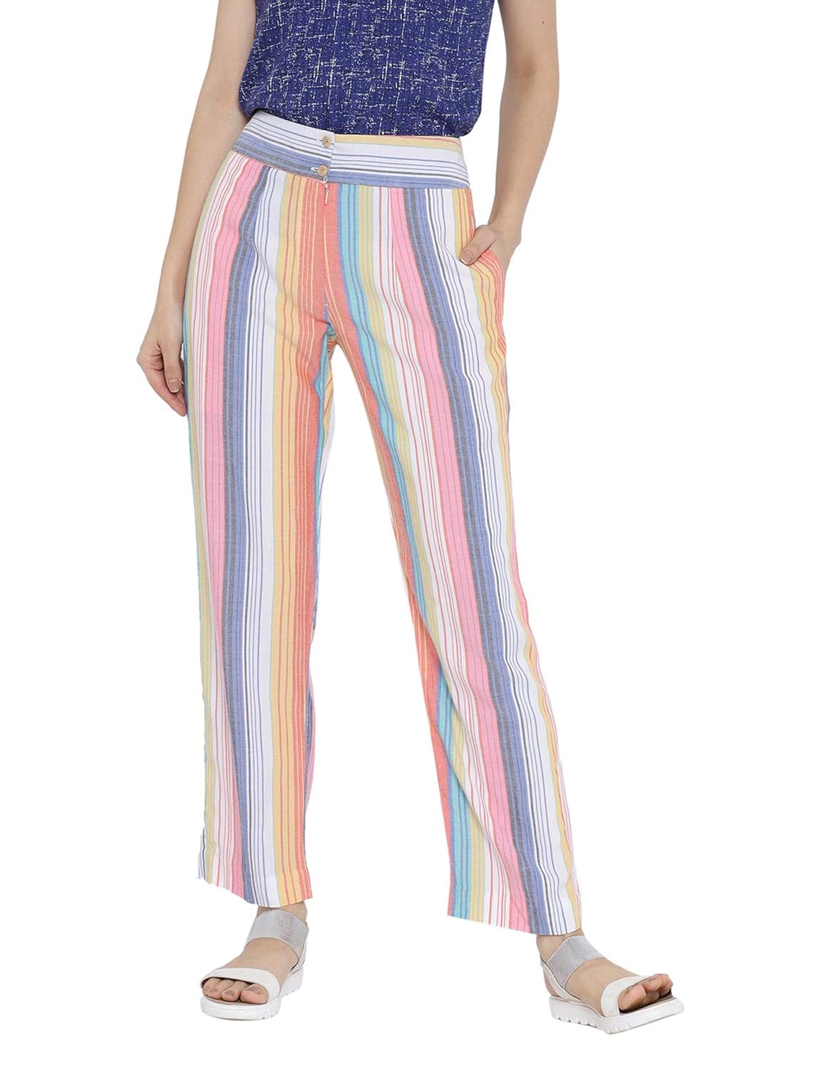 Buy Vastrashilpi Women's Cotton Striped Trousers (VS00043_Multi Color_X
