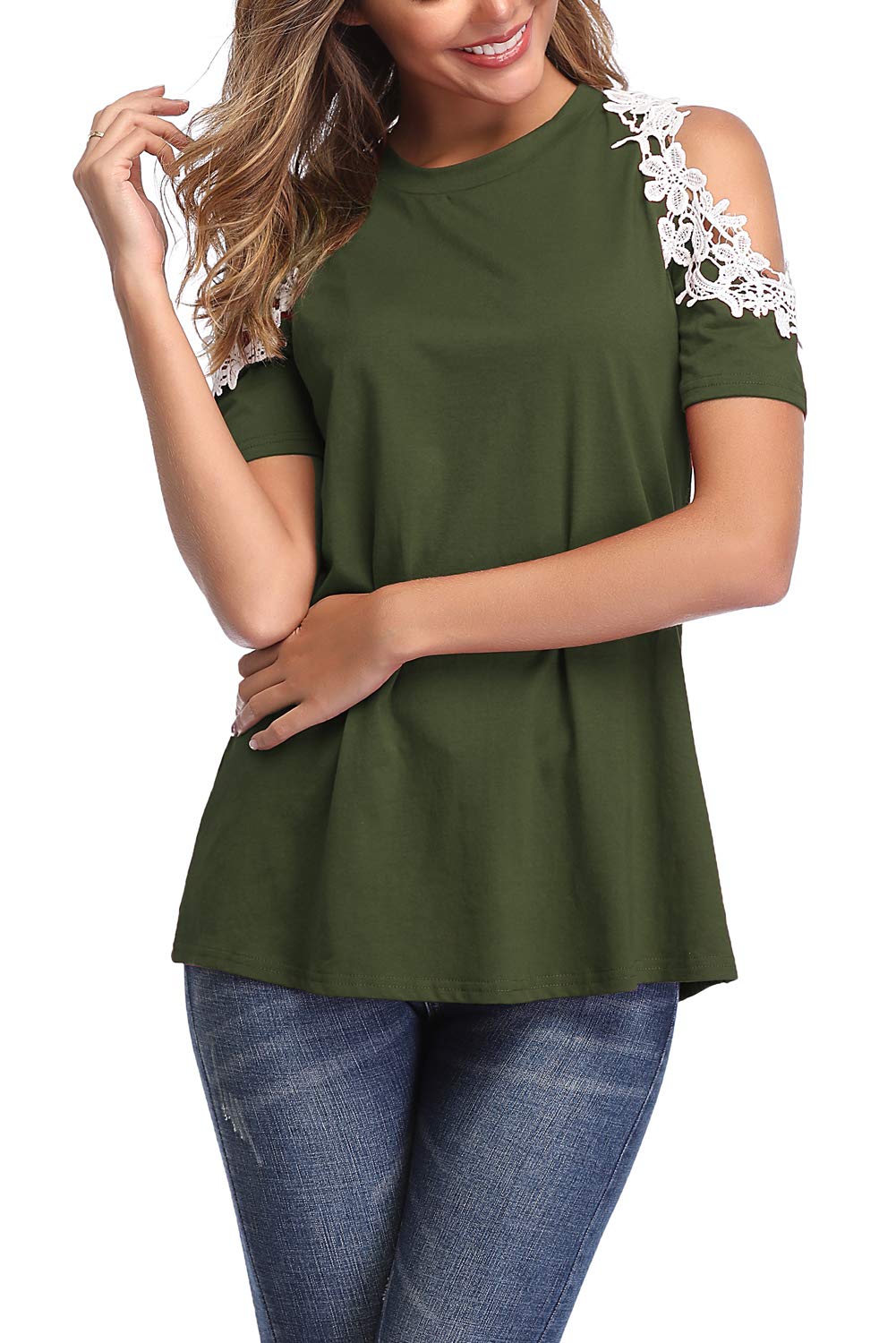 Donnalla Womens Summer Casual Tops Lace Cold Shoulder Short Sleeve Loose Blouse Shirt(Army Green XX-Large)