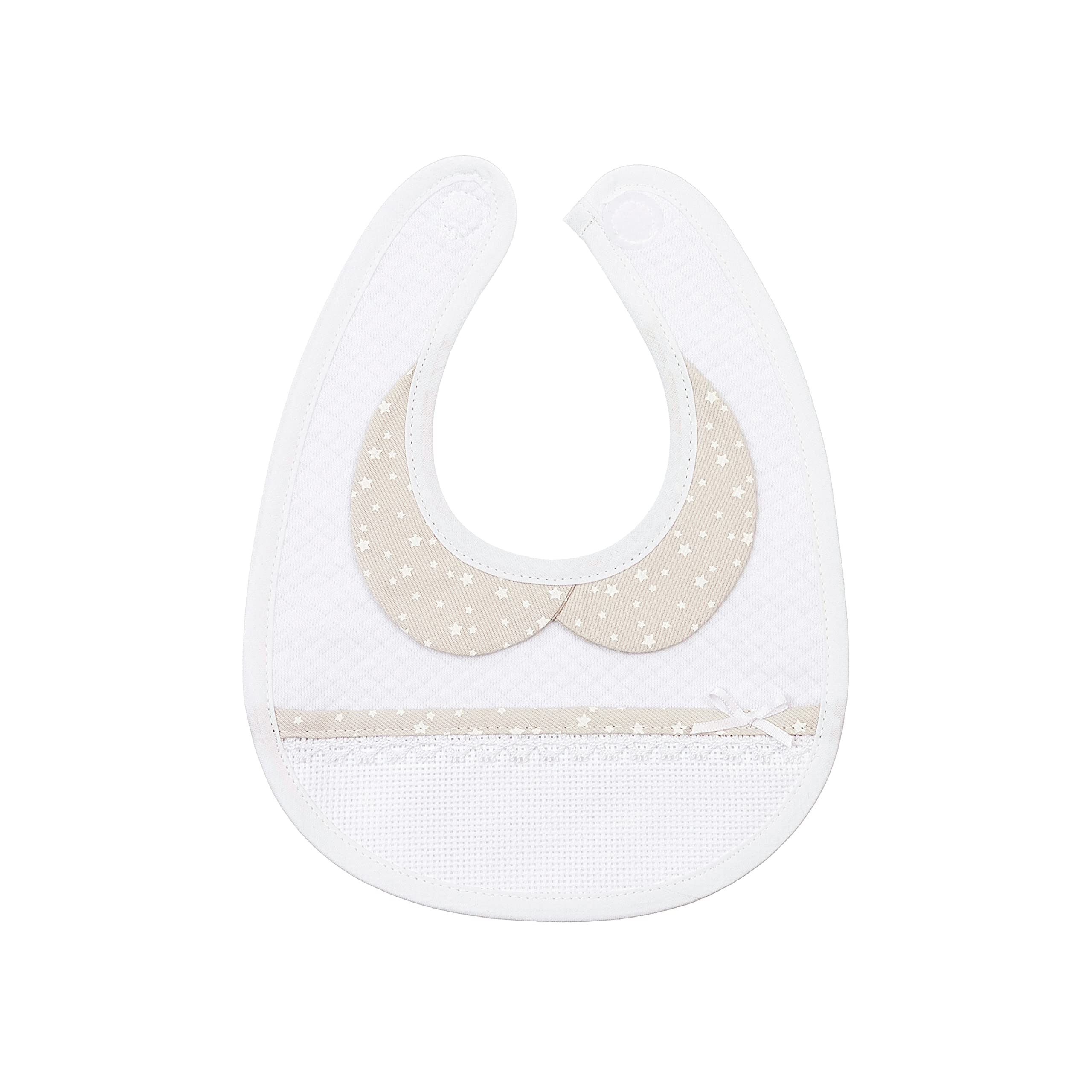 FILET - Baby Bib in Soft White Fabric and Beige Collar, Aida Pocket to Embroider, Protects baby's Clothes from Feeding, Spitting Up and Salivation, 100% Made in Italy, White and Beige Colour