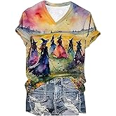 Midsummer Witches Gather T Shirt Women Vintage Halloween Tshirt Witch Graphic Tees Fall Short Sleeve V-Neck Tops