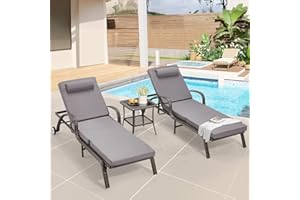 HOMREST Pool Lounge Chairs Set of 3, Outdoor Wicker Chaise Lounge Chair with 5 Adjustable Backrest & Flexible Wheels & Thicken Cushion for Patio Garden and Poolside, Gray