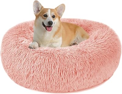 Nepfaivy Calming Donut Bed for Dogs Cats 60cm Pink Non-Slip Washable