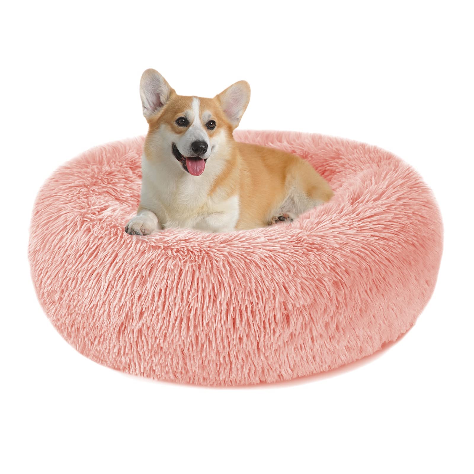 Nepfaivy Calming Dog Cat Donut Bed - 23.6in Fluffy Plush Puppy Kitten Cuddler Round Bed, Warm and Soft Pet Cosy Anti Anxiety Beds with Non-Slip Bottom and Washable (L-60CM, Pink)
