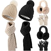 Suhine 8 Pcs Winter Hat Scarf Gloves Earmuff Set Knit Beanie Pompom Hat Warm Touch Screen Gloves for Women Men Adult