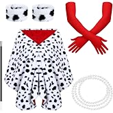 Tisancy 5 Pieces Halloween Dalmatian Shawl Costume Set for Women Adult | Red Gloves, Pearl Necklace Bracelet, Fake Cigarette Holder, Vintage Halloween Party Theme