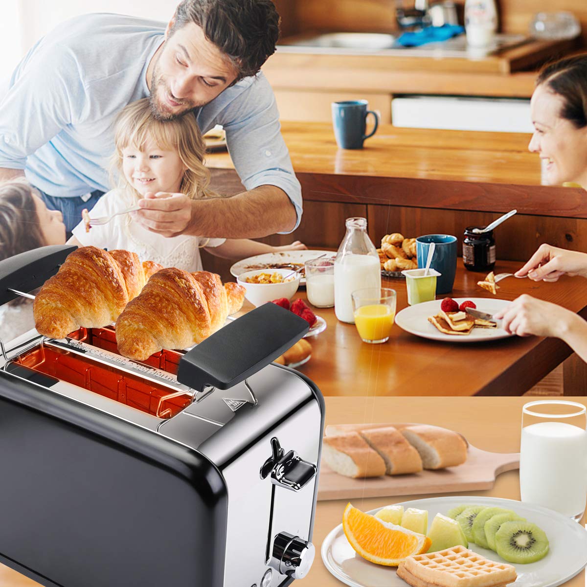 Grille-pain Noir et Argent, Morpilot Toaster Express Décongélation Réchauffage, Réchauffer Viennoiseries, 2 Fentes, 800W Inox