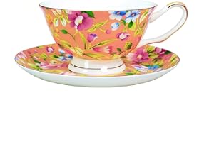 PMNING Tea Cup and Saucer Set Royal Garden Style Tea Coffee Cup with Saucer 7 Ounces Bone China Teacup and Saucer Set