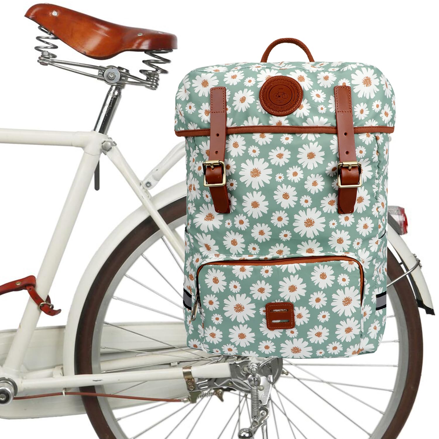 TOURBON Bike Pannier Bag Waterproof Canvas Cycling Laptop Backpack Seat Shoulder Bag for Outdoor Travel School (Flower Pattern)