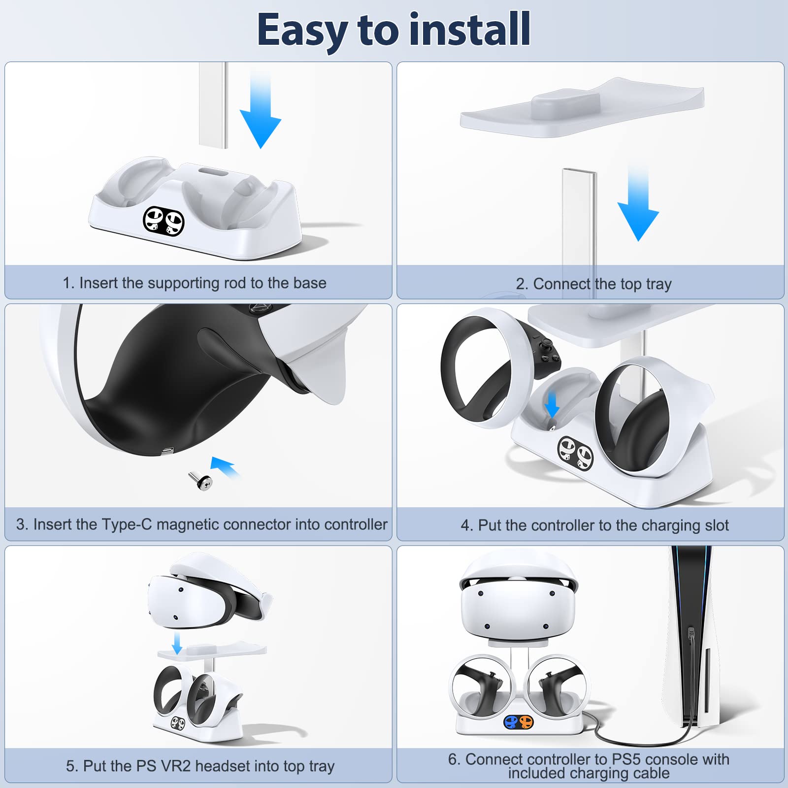 Tokluck Ladestation für PS VR2 Controller, PSVR 2 Ladestation mit Headset Ständer, Schnelles Ladegerät für PS VR2 Controller mit LED Licht für PSVR2 Zubehör, magnetischer Anschluss & Typ C Kabel 5