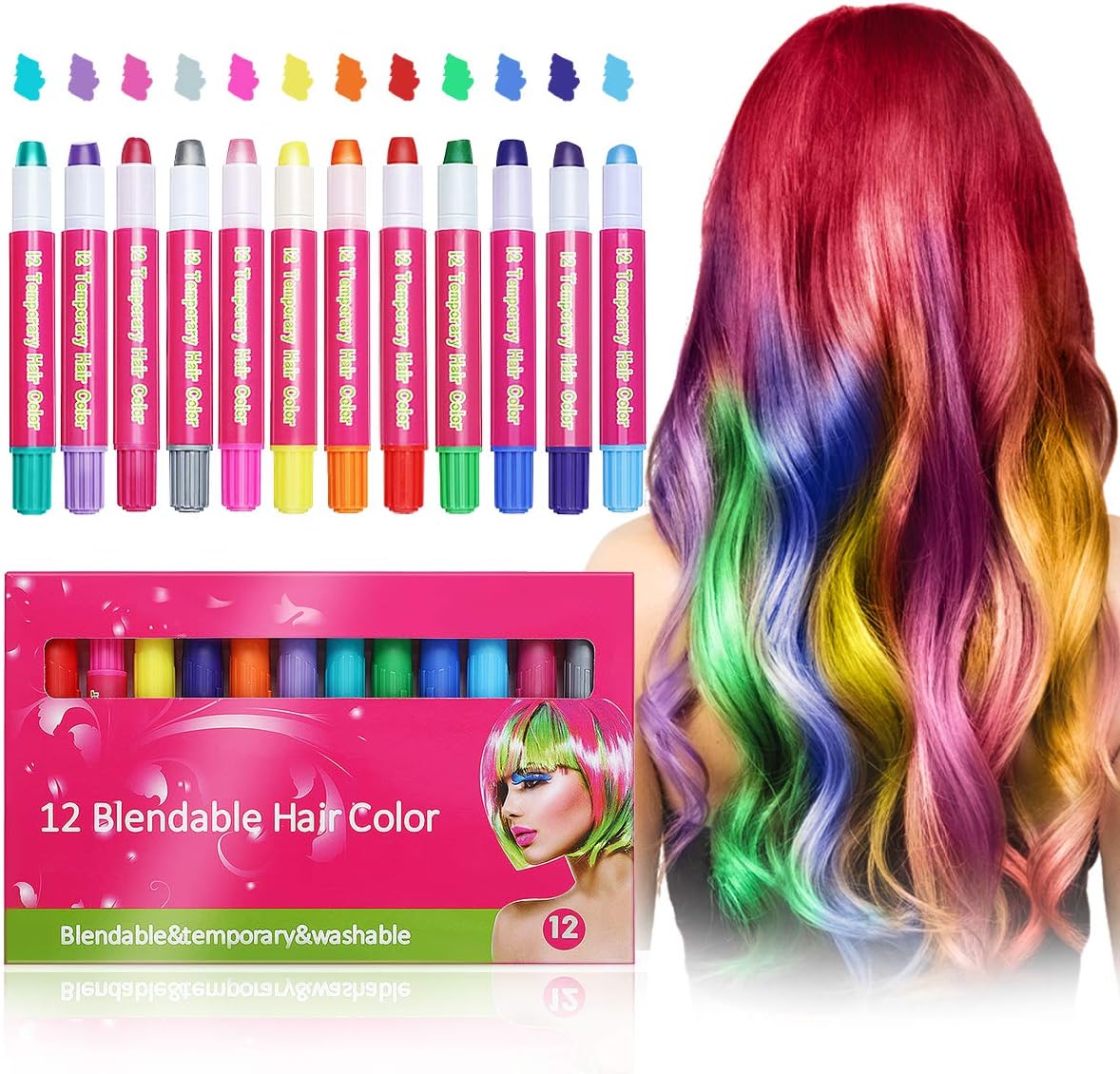 Hair Chalk Set for Girls, Luckyfine 12 Color Temporary Hair Color, Hair Chalk Pens for Girls, Great as Face Paints too, Birthday Gift for Girls/ Daughters/ Kids/ Teenage Girls