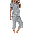 ENJOYNIGHT Womens Pajama Sets Cotton Pj Set Short Sleeve Top With Capri Pants Sleepwear 2 Piece Lounge Set