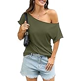 EasyGala Womens Off Shoulder Tops Sexy Short Sleeve Shirts Rolled Sleeve Loose T Shirts Summer Going Out Clothes 2026
