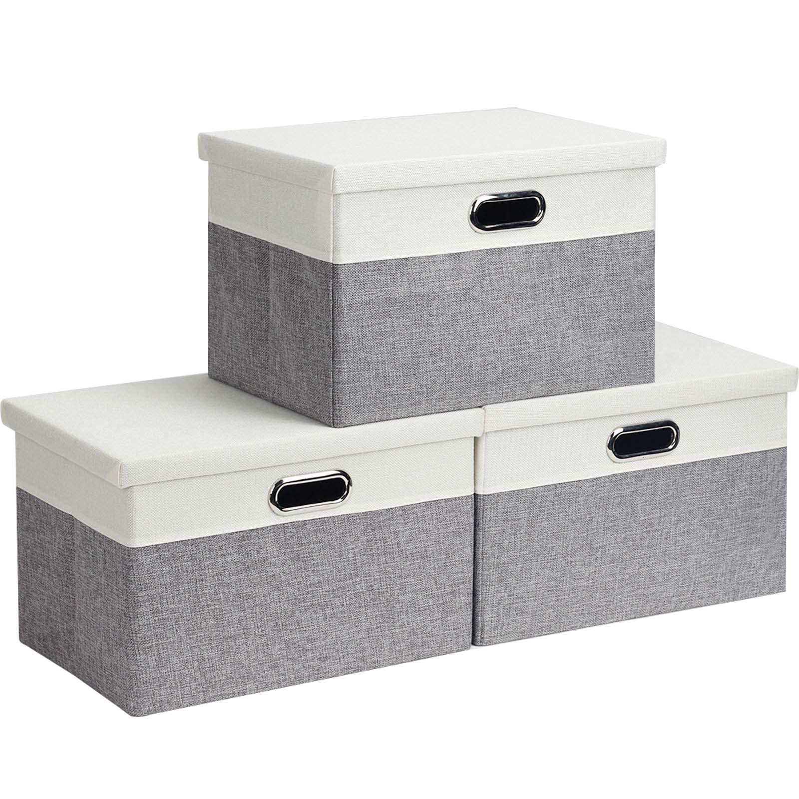 Febzoce Storage Boxes with Lids, Storage Baskets for Shelves Foldable Fabric Storage Bins Organizer for Home and Office Light Grey and White Extra Large 44 x 31 x 29 cm 3 Pack