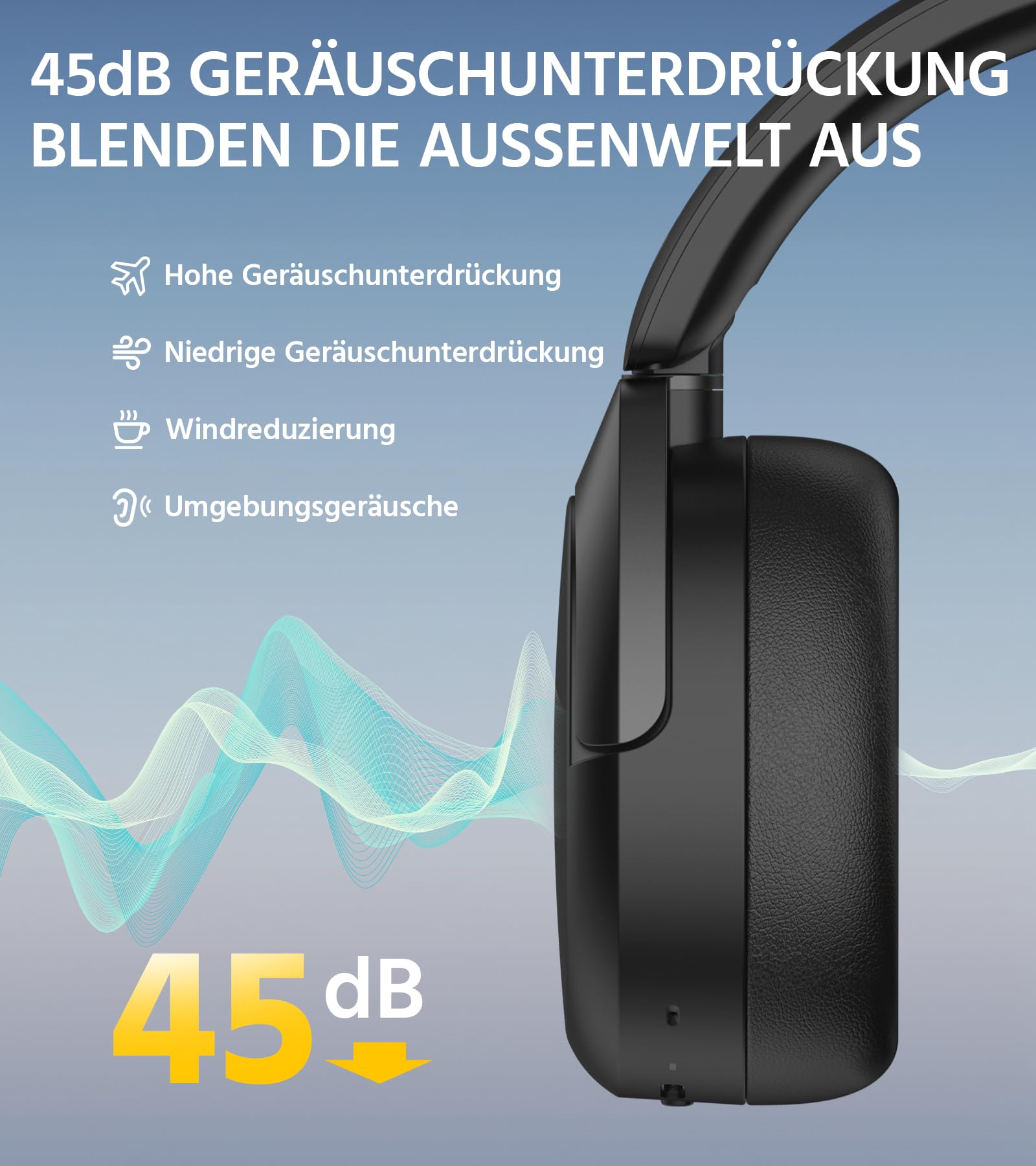 Edifier W830NB Wireless Over Ear Kopfhörer mit -45dB ANC, 94Std. AKKU, LDAC Hi-Res Sound, Spatial Audio, Schnellladung, Bluetooth V5.4 - Schwarz 3