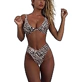 geluboao Bikini Set for Women Solid V Neck Knot Front Push Up High Leg Thong Two Piece Swimsuit