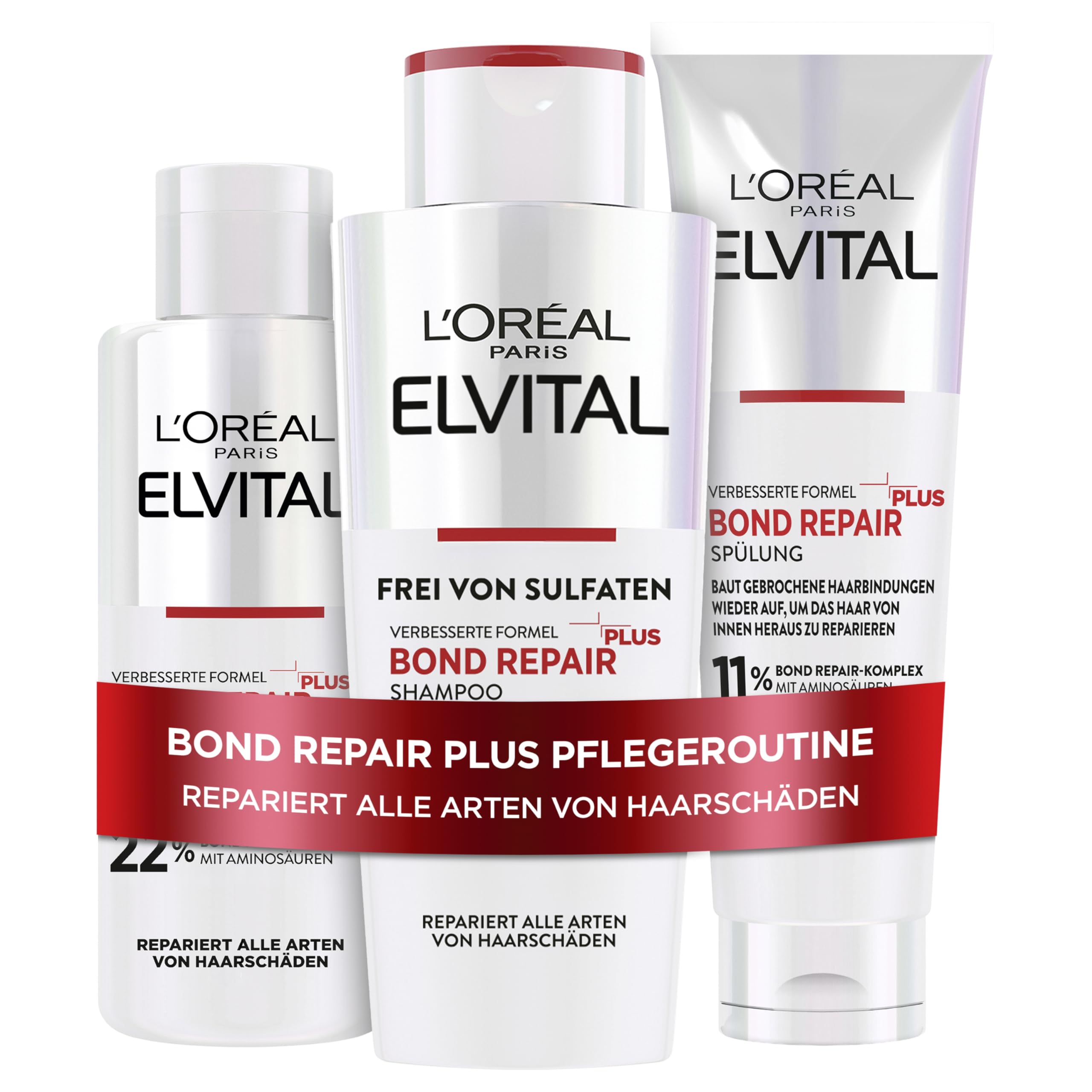 L'Oréal Paris Elvital Bond Repair Hair Repair Kit with Pre Shampoo, Shampoo & Conditioner, Bundle, Protection for Less Hair Breakage & More Shine, with Bond Repair Complex & Citric Acid 3 Piece
