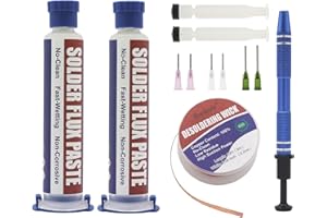 Sookolr No-Clean Flux Paste, Solder Wick & Electronic Small Parts Pickup Kit, Soldering Flux 10cc/Bottle (2PACK), 10Ft Desoldering Wick, IC Pickup Tool (1 stick)