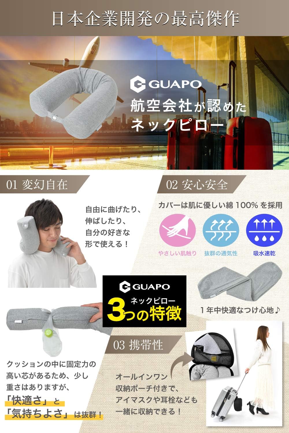Amazon 雑誌monoqlo 年間総合bestbuy受賞 自宅 車でも使える 好きな形に曲げられる ネックピロー Guapo Tv 雑誌 メディア多数紹介 低反発 綿100 カバー トラベルピロー 携帯枕 首枕 旅行枕 昼寝枕 リモートワーク お昼寝 ネックピロー オンライン通販