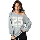 SweatyRocks Women's Off The Shoulder Tops Long Sleeve Number Graphic Oversized Tee Shirts Casual Jersey