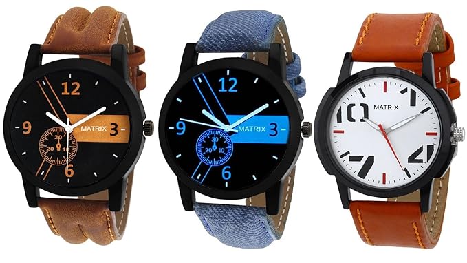 Matrix Multicolor Dial & Multicolor Leather Strap Analog Watches for Men/Boys - Combo (Pack of 3) - (TRP-13)