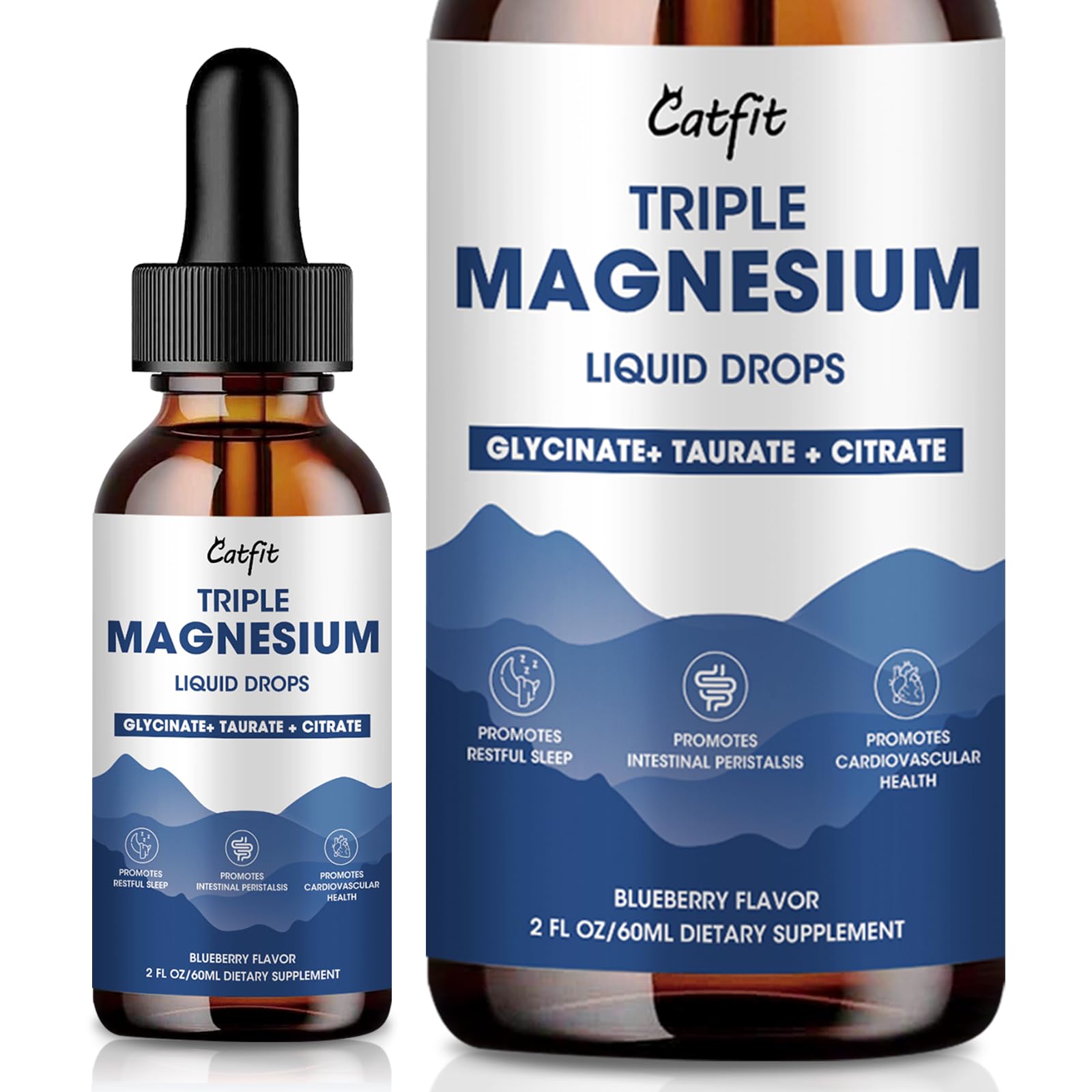 Magnesium Glycinate Liquid Drops with Taurate & Citrate, Magnesium Supplement for Sleep, Calm & Relaxation, with Potassium & Omega-3, High Absorption Formula, Blueberry Flavor, 2 Fl Oz