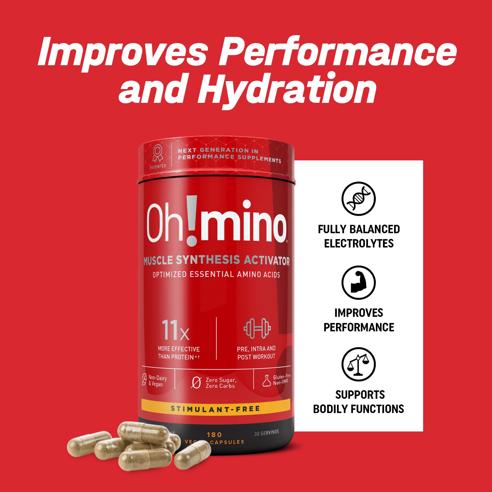 Oh!mino Essential Amino Acids Supplement. Stimulant-Free Capsules. All 9 EAAs, BCAAs and The Perfect Amino for Workouts, Amino Energy, and to Build Muscle, and Recover Faster.