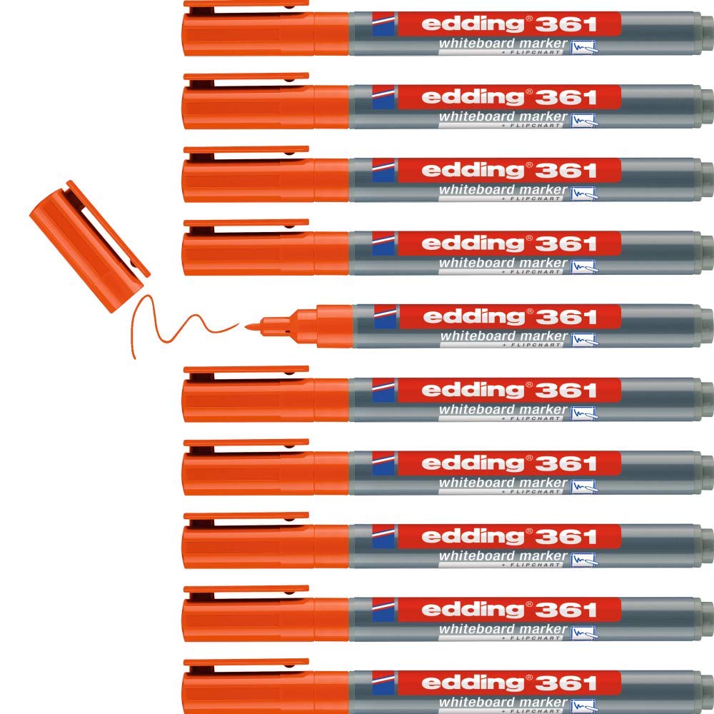 edding 361 whiteboard marker - orange - 10 whiteboard pens - round tip 1 mm - whiteboard pen dry wipe - for whiteboards, flipcharts, pinboards, magnetic and memo boards - sketchnotes