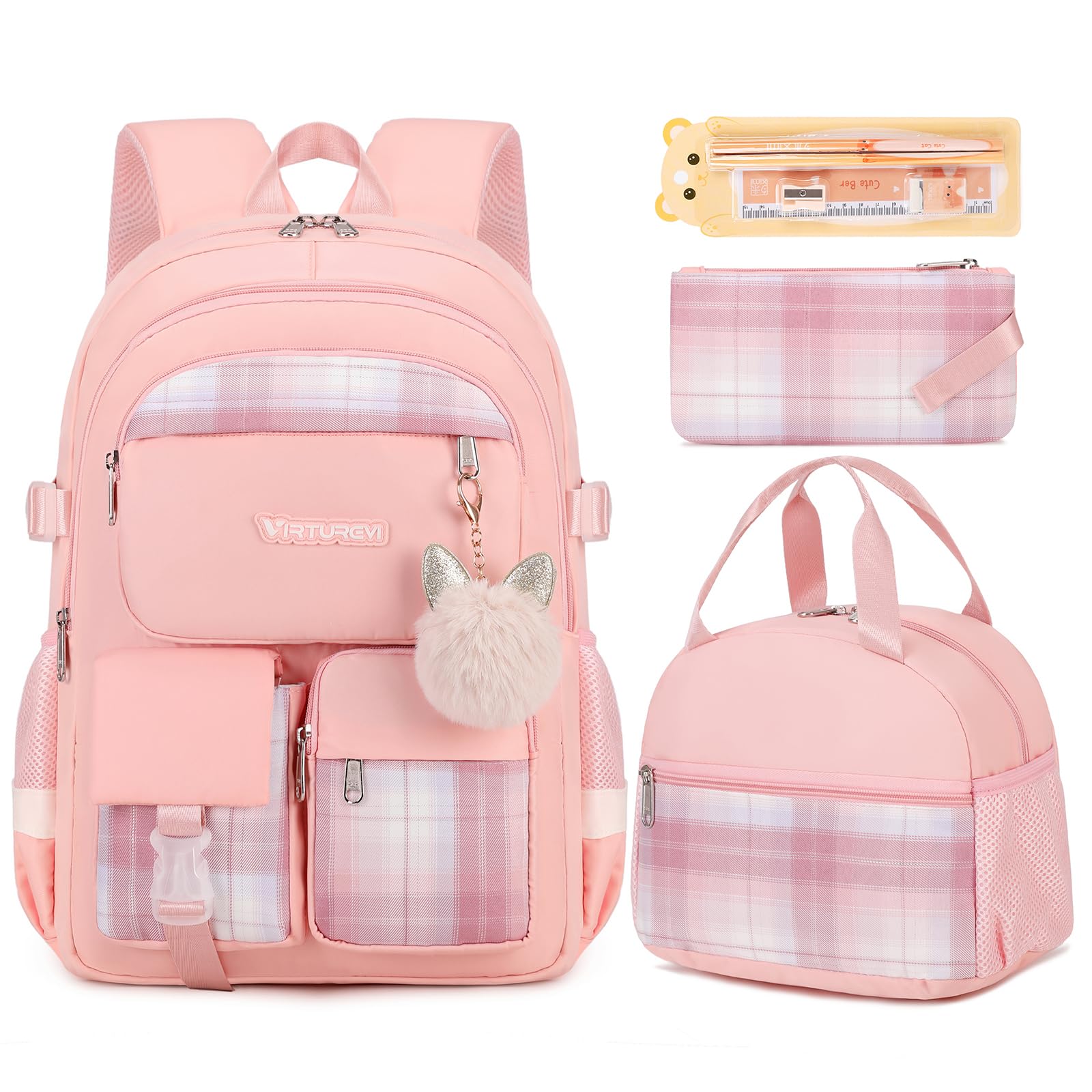 Photo 1 of VIRTUREVI 3PCS School Backpack For Student Women College Middle High Teen Girls Bookbag Waterproof Laptop Bag Plaid Pink