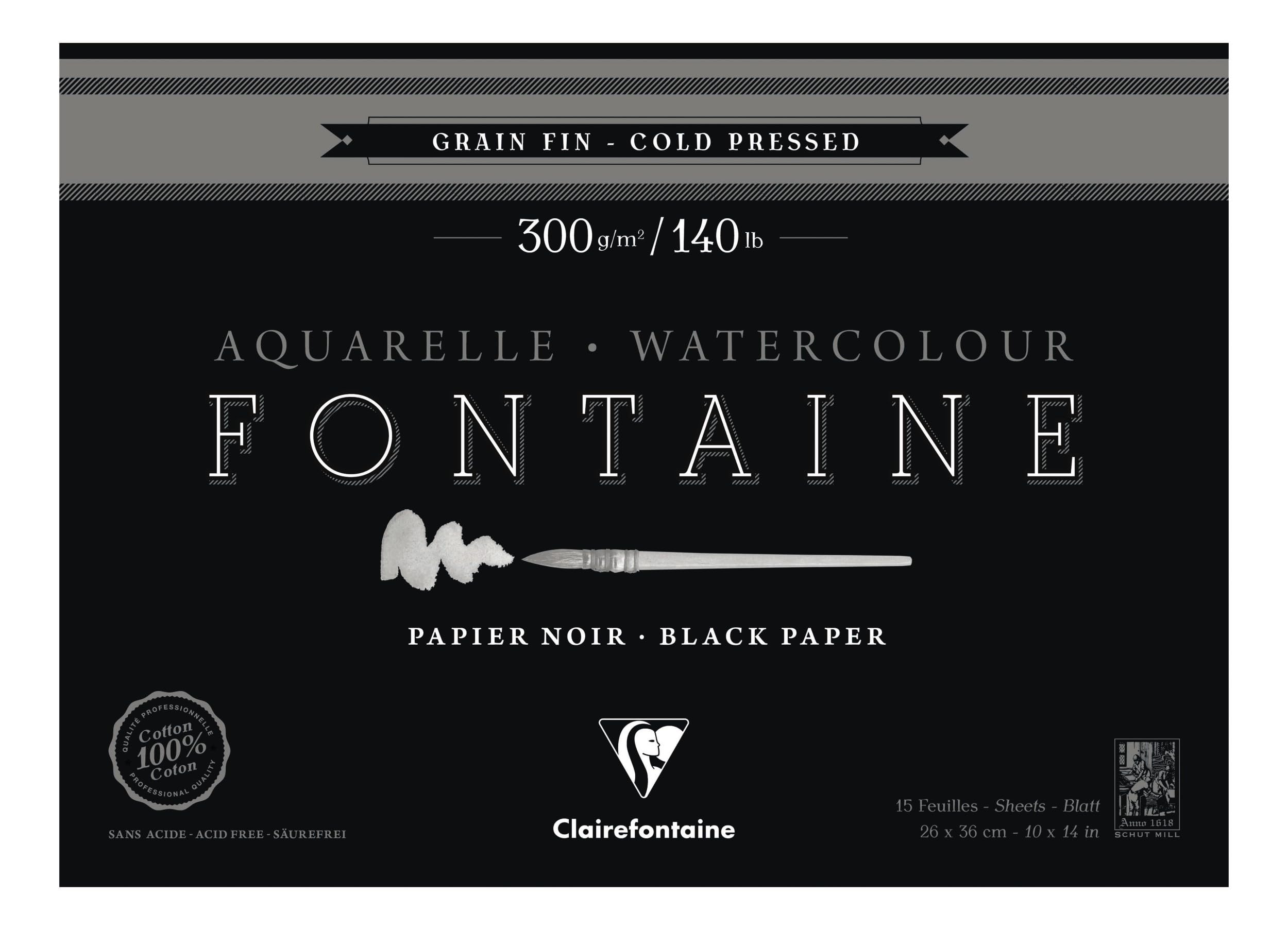 Clairefontaine - Ref 975303C - Fontaine Cold Pressed Black Watercolour Pad (15 Sheets) - 26 x 36cm Size, 300gsm Paper - Suitable for Watercolour Artwork