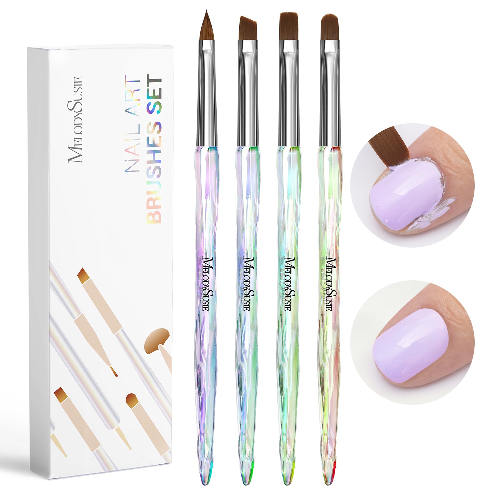 MelodySusie 4Pcs Nail Brush Kit, Flat/Oval/Angled/Carved Brushes Design for Gel Nail Art, Polish Application and Clean Up, Professional Manicure Tool Nail Brushes for DIY Home Salon Use