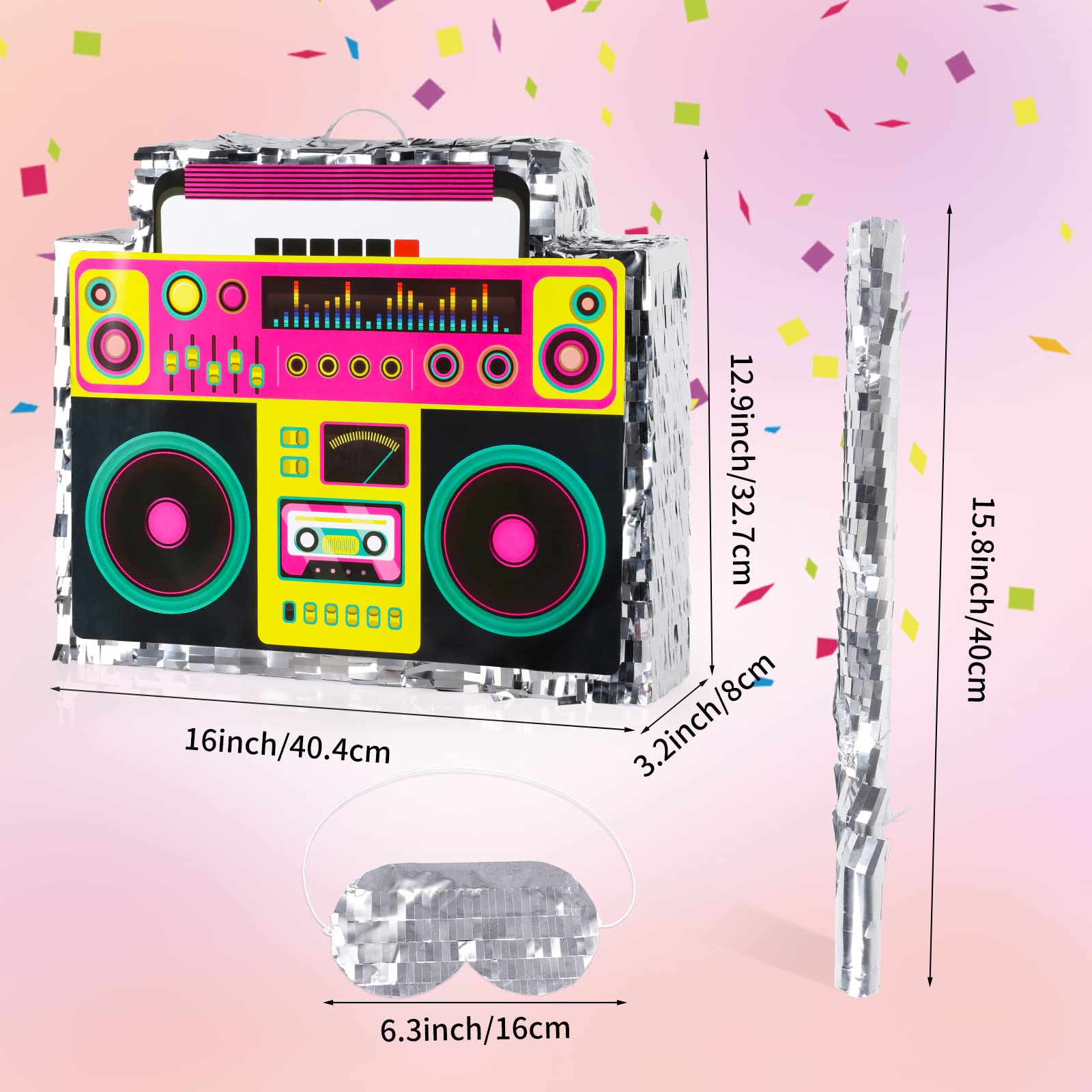 Boombox Pinata with Stick & Hanging Loop Retro 90s Hip Hop Mexican Pinata Game for Back to the 80s Party Nostalgia Large Radio Gifts 70' Theme Birthday Party Decorations Supplies
