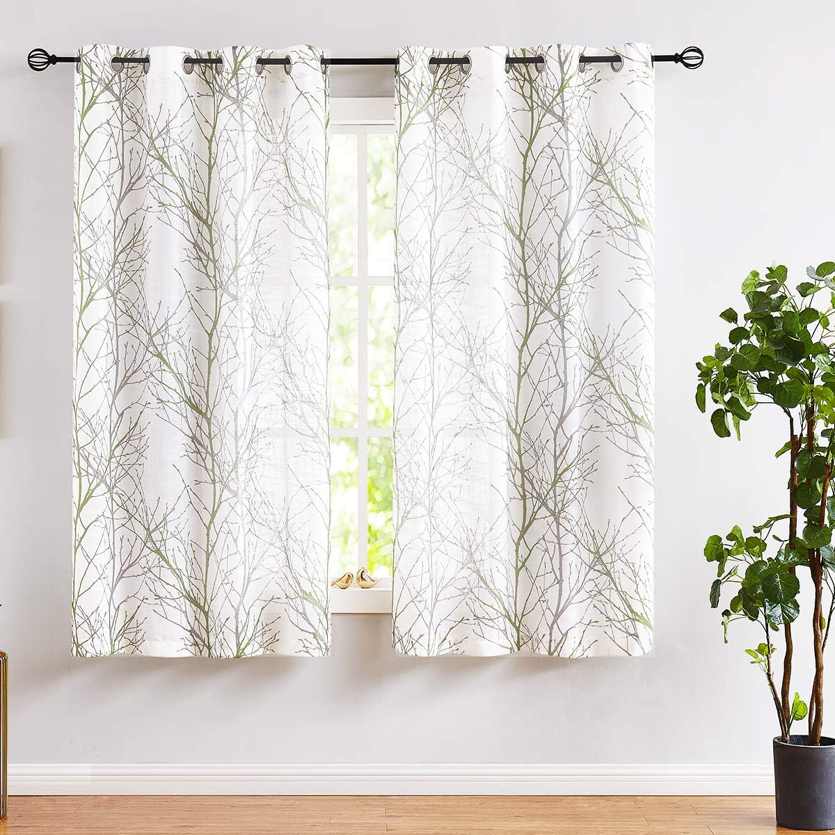 Green Sheer White Curtains for Living Room 72" Length Grey Tree Branches Print Curtain Set Linen