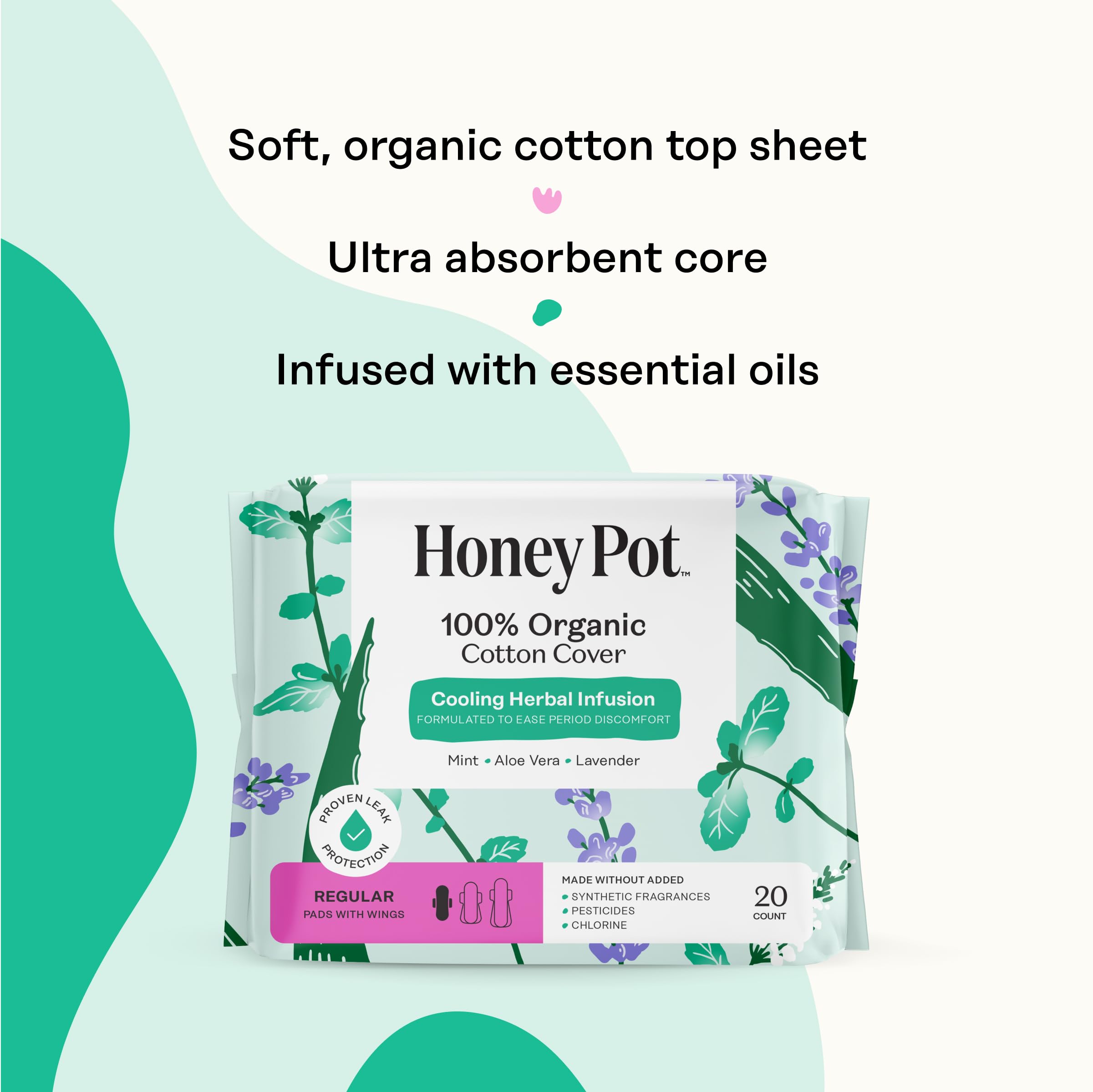 The Honey Pot Company - Herbal Sanitary Pads for Women - Regular Flow w/Wings - Infused w/Essential Oils for Cooling Effect & Organic Cotton Cover - Feminine Care - 20 ct