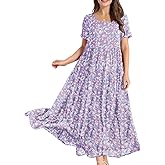 YESNO Women Casual Loose Bohemian Floral Dress with Pockets Short Sleeve Long Maxi Summer Beach Swing Dress EJF