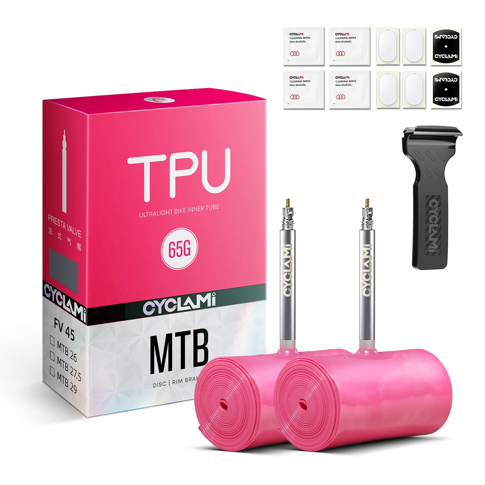 Photo 1 of 2-Pack CYCLAMI TPU Inner Tube MTB 29'', Ultralight 65g Mountain Bike Tube Compatible with 29 x 1.9/2.0/2.1/2.2/2.3/2.4/2.5 Metal Presta Valve 45mm (with a Multi-Functional Tire Pry Bar)