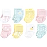 Hudson Baby Infant Girl Cotton Rich Newborn and Terry Socks, Lemon Daisy, 6-12 Months